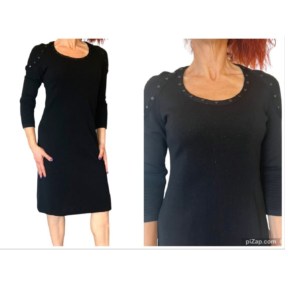 ESCADA SCOOP NECK‎ BLACK RIBBED KNIT 3/4 SLEEVE STUDDED SWEATER SHIFT DRESS 36 6